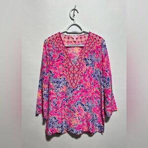 Lilly Pulitzer‎ Renato 100% Silk Tunic Coco Coral Crab Blouse Size Small
